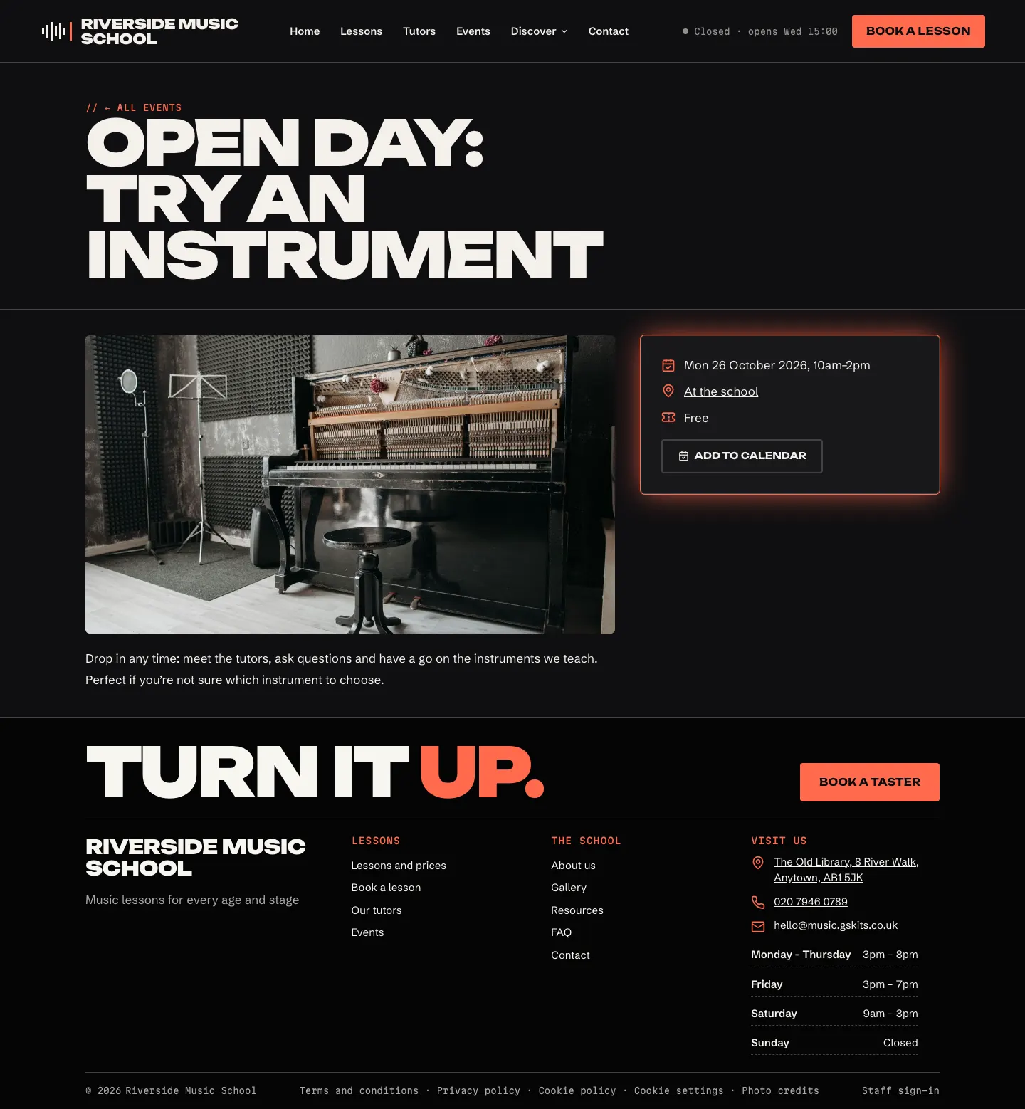 An event's own page: the open day's date, time, place and price, an Add to calendar button and the description
