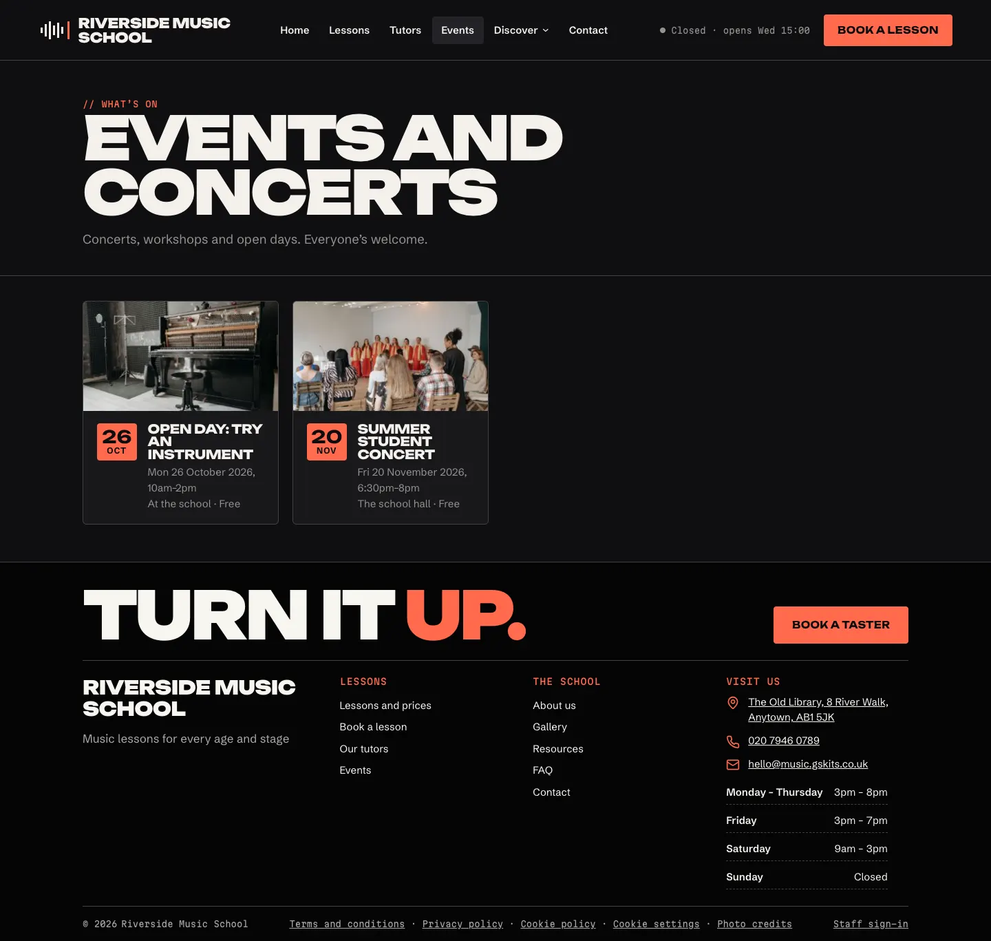 The Events page on the website, listing the open day and the concert with their dates and times
