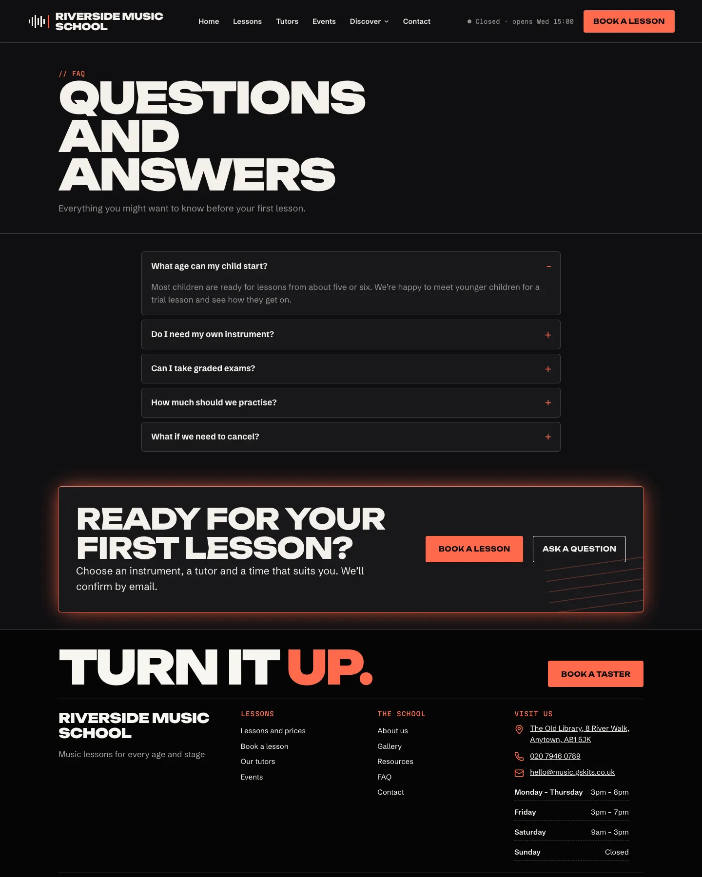 The FAQ page on the website, with the questions that open to show their answers