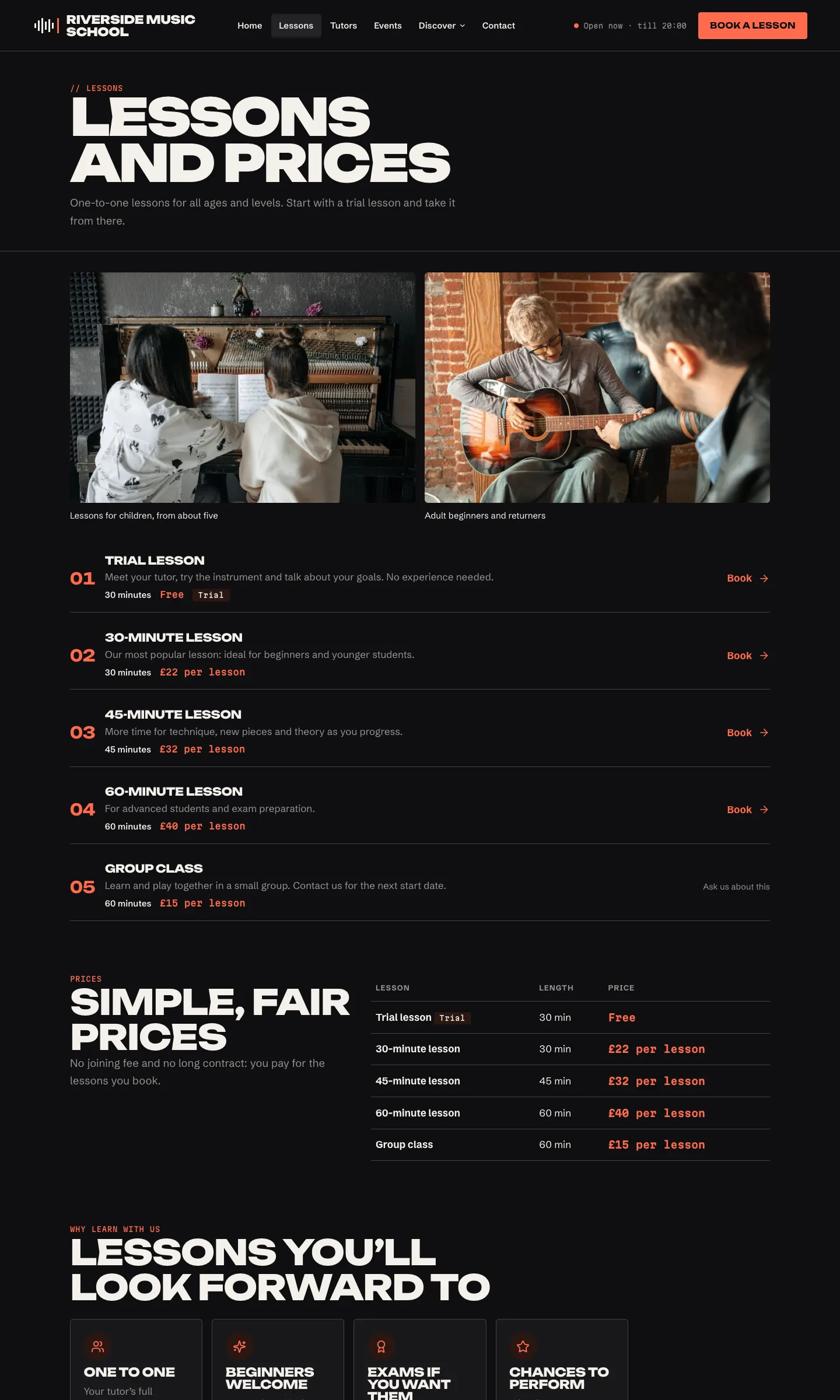 The Lessons and prices page in the Amp design: each lesson type numbered with its description, length, price and a Book link, the Group class marked "Ask us about this", and a price table below