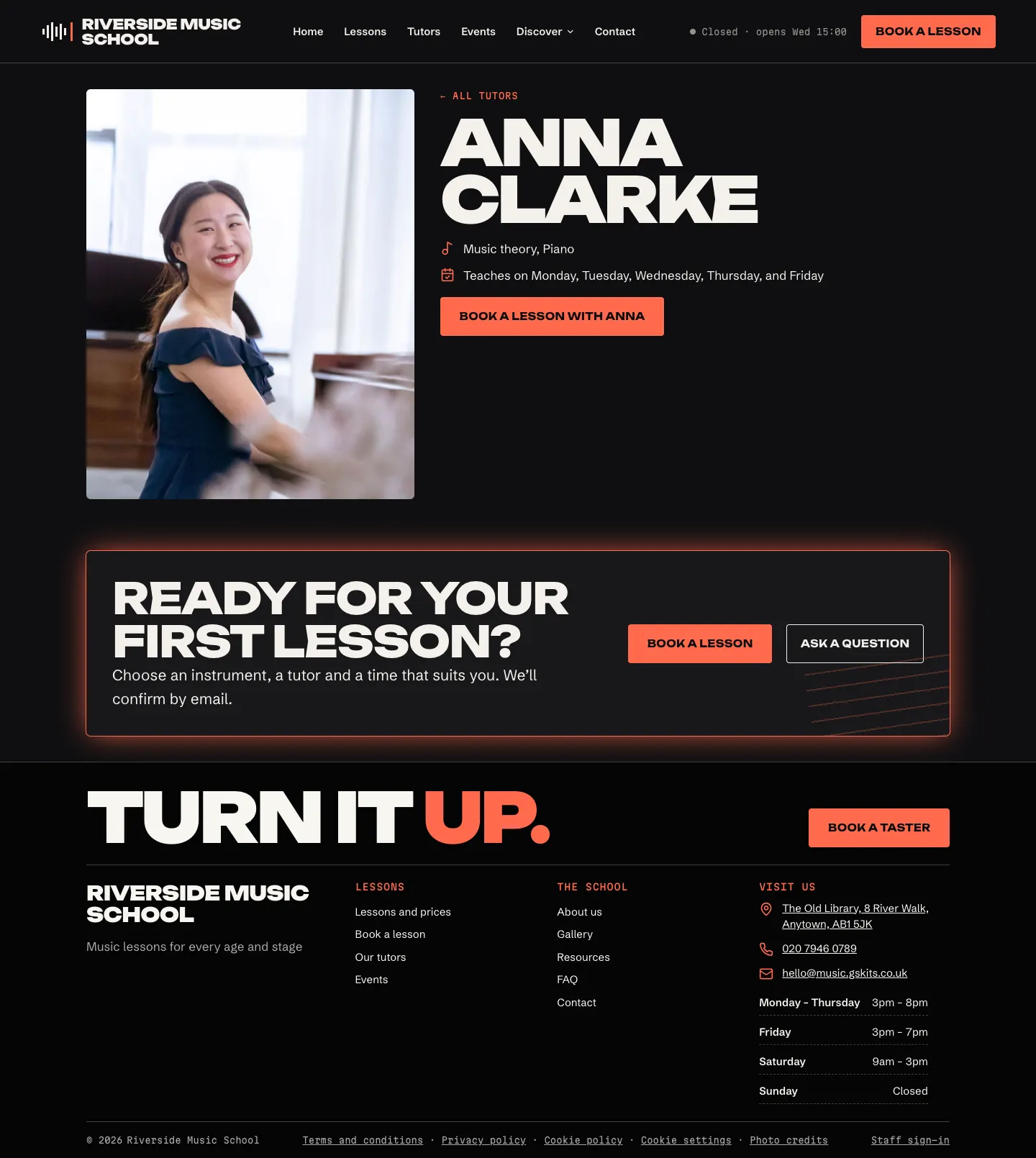 Anna Clarke's page: her photo, "Music theory, Piano", "Teaches on Monday, Tuesday, Wednesday, Thursday, and Friday" and a Book a lesson with Anna button