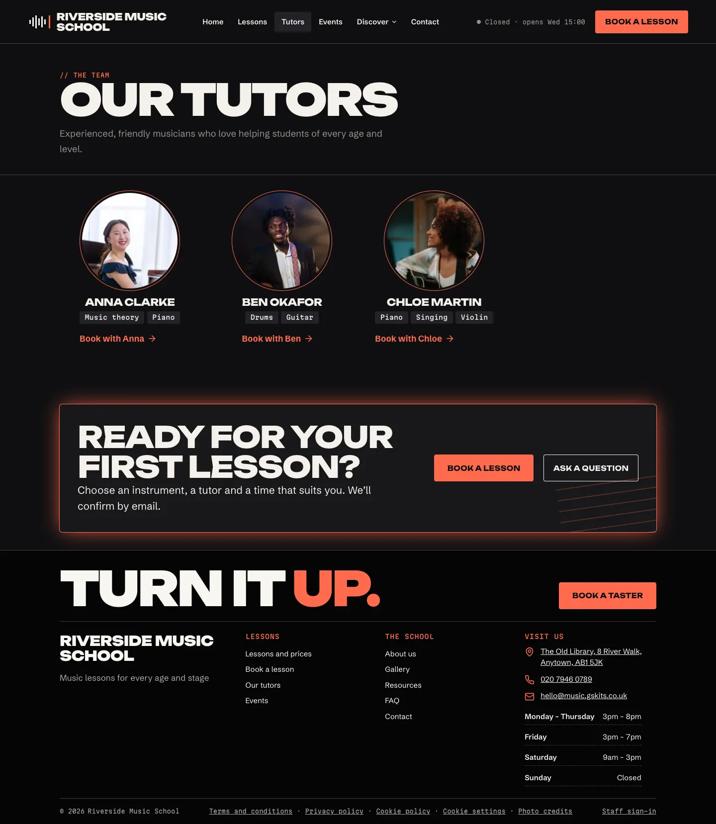 The Tutors page on the website, with each tutor's photo, name and instruments