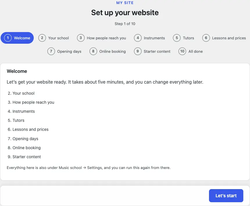 Step 1 of 10, Welcome: "Let's get your website ready. It takes about five minutes" with the numbered list of the steps ahead and a Let's start button