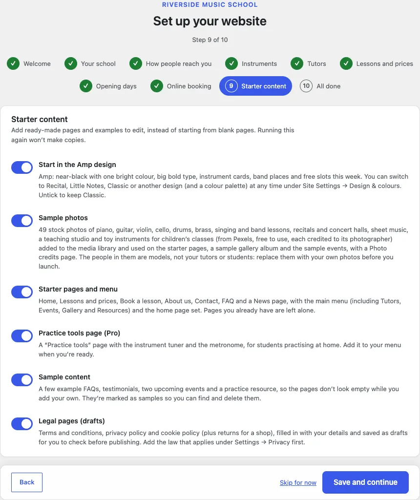 Step 9 of 10, Starter content, with switches for Start in the Amp design, Sample photos, Starter pages and menu, Practice tools page (Pro), Sample content and Legal pages (drafts)