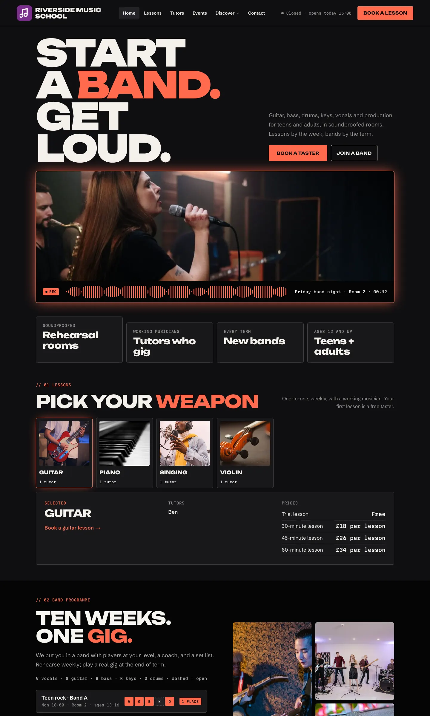 The new Riverside Music School home page in the Amp design: a near-black page with the headline "Start a band. Get loud.", Book a taster and Join a band buttons, a large photo of a singer, then instrument cards for Guitar, Piano, Singing and Violin with each tutor and the lesson prices from Free to £34