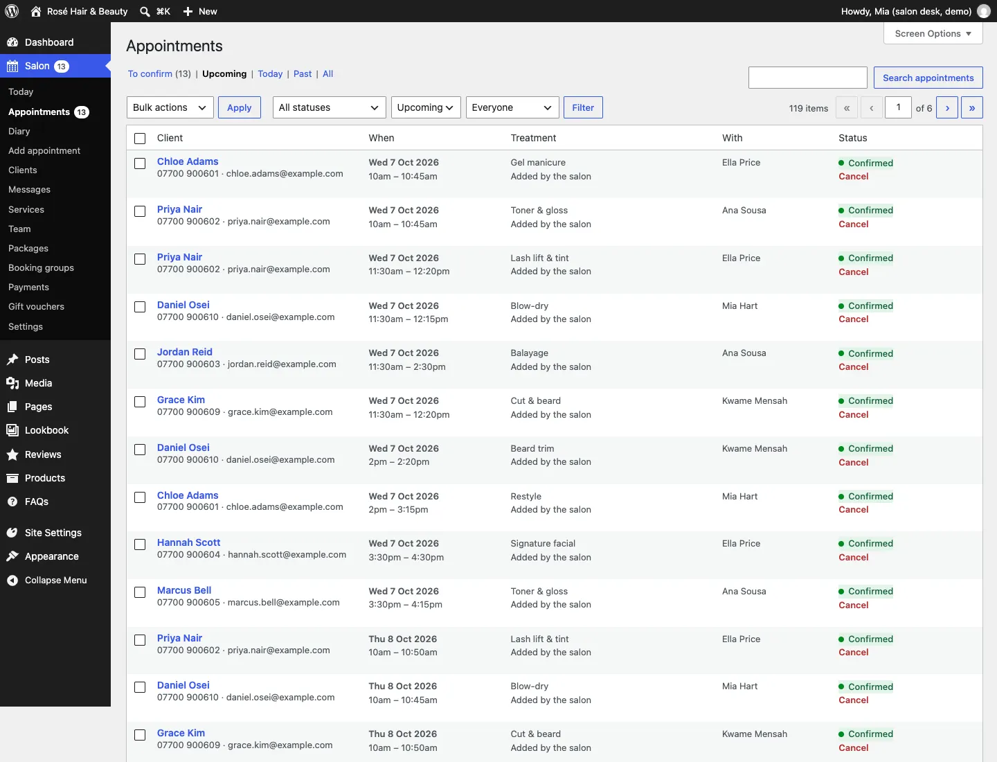 The Appointments list with the views To confirm, Upcoming, Today, Past and All, filters for status, when and stylist, and rows showing the client, when, treatment, who with and status