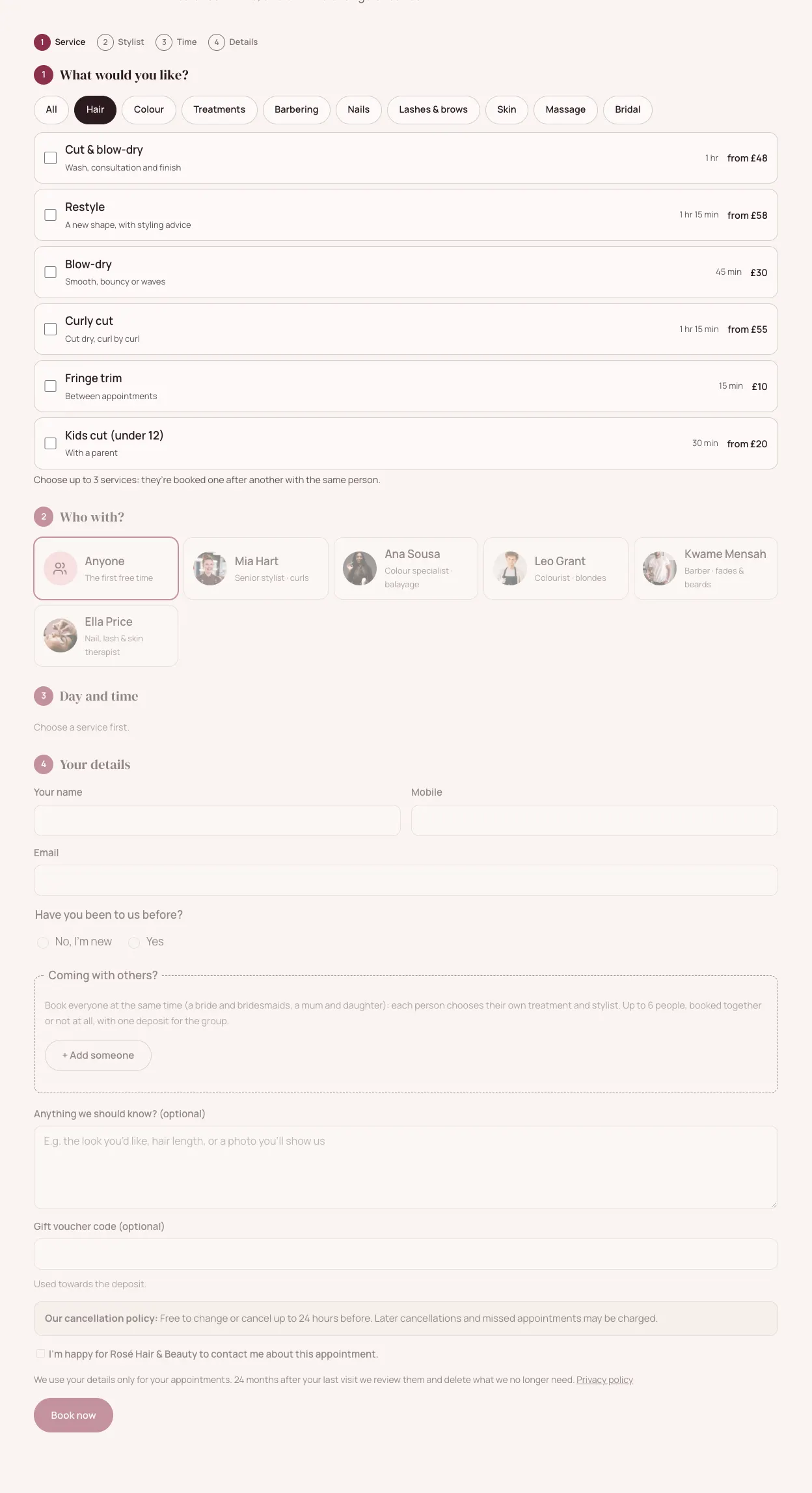 The Book an appointment form, with the four steps along the top, the service categories as tabs and the first treatments listed with their times and prices