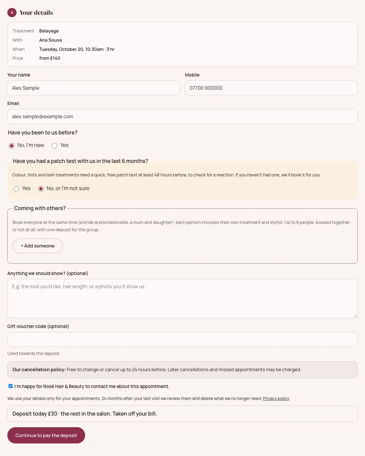 Step 4, Your details: the summary, the name, mobile and email boxes, Have you been to us before?, the patch test question answered No, or I'm not sure, Coming with others?, the voucher code box, the cancellation policy and the Continue to pay the deposit button