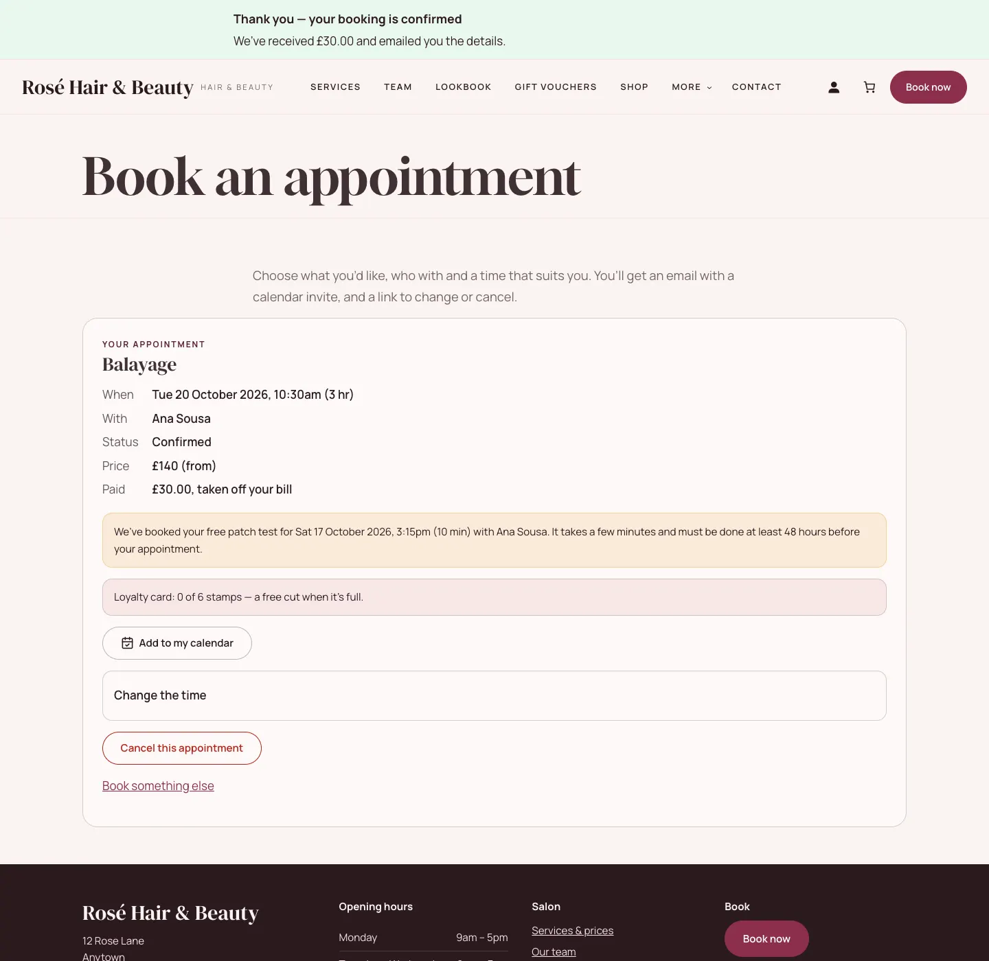 The booking confirmation page a client sees after booking: the treatment, time, stylist, status and price, the patch test booked for them, and buttons to add it to their calendar, change the time or cancel