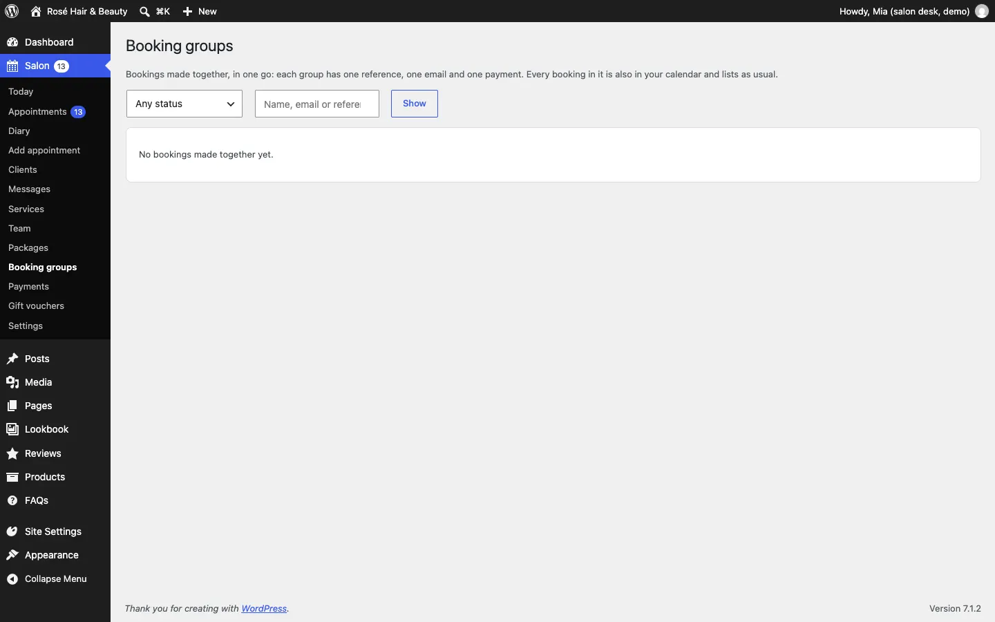 The Booking groups screen, explaining that bookings made together have one reference, one email and one payment, with a status filter (Any status, Waiting for payment, To confirm, Confirmed, Partly cancelled, Completed, Cancelled) and a search box