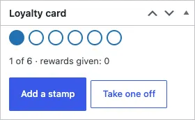 The Loyalty card box on a client's record with one filled stamp out of six, the text 1 of 6 · rewards given: 0, and Add a stamp and Take one off buttons