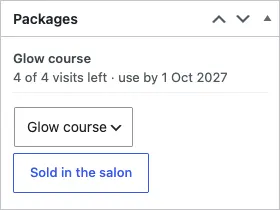 The Packages box on a client's record showing Glow course with 4 of 4 visits left, use by 1 Oct 2027, a box to choose a package and a Sold in the salon button