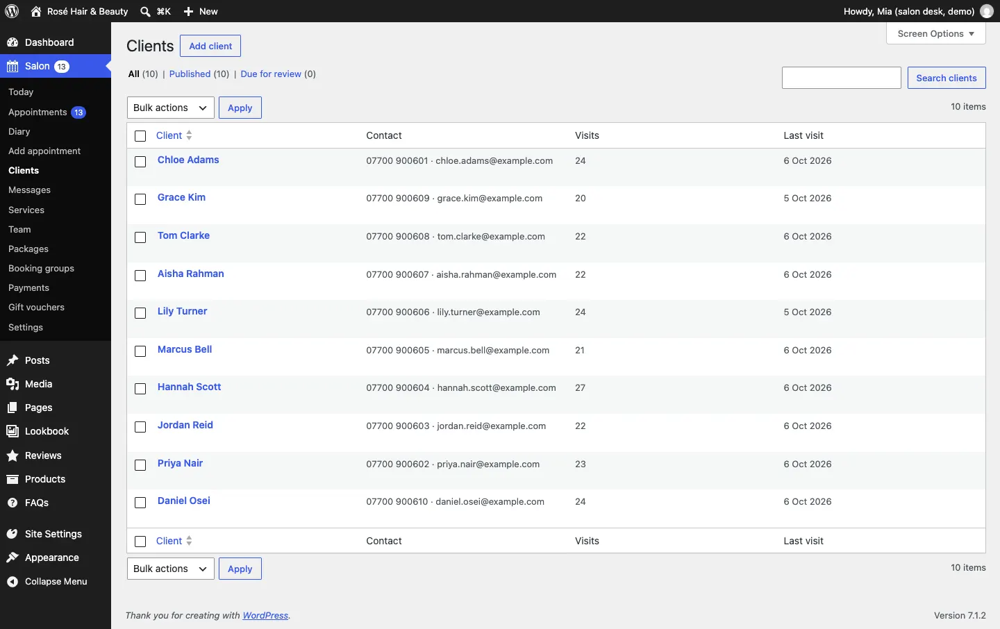 The Clients list, showing ten clients such as Chloe Adams with 24 visits, last visit 6 Oct 2026, with their phone and email
