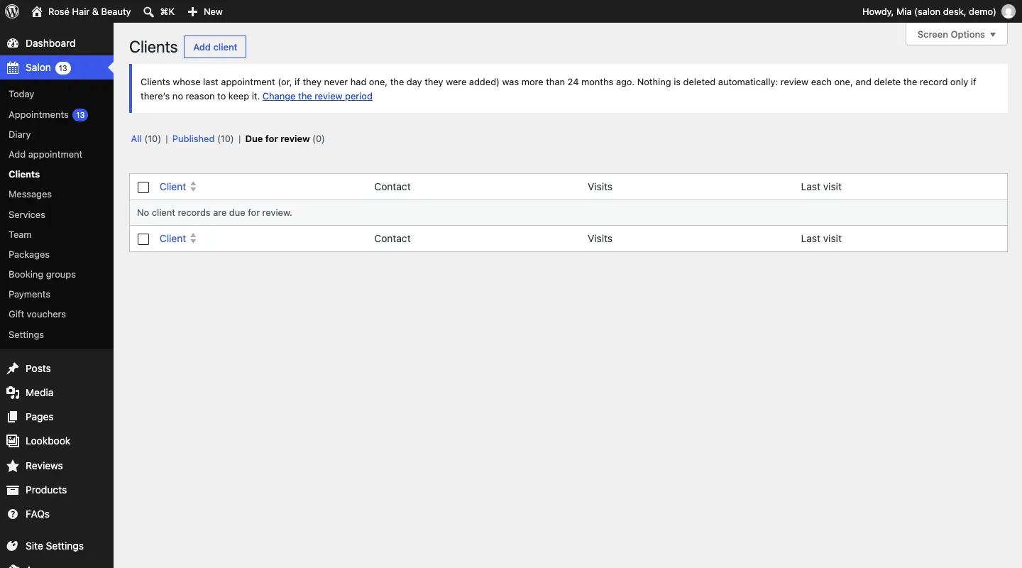 The Due for review view of the Clients list, with a note explaining that clients whose last appointment was more than 24 months ago are listed here, nothing is deleted automatically, and a Change the review period link; in the demo the list says No client records are due for review