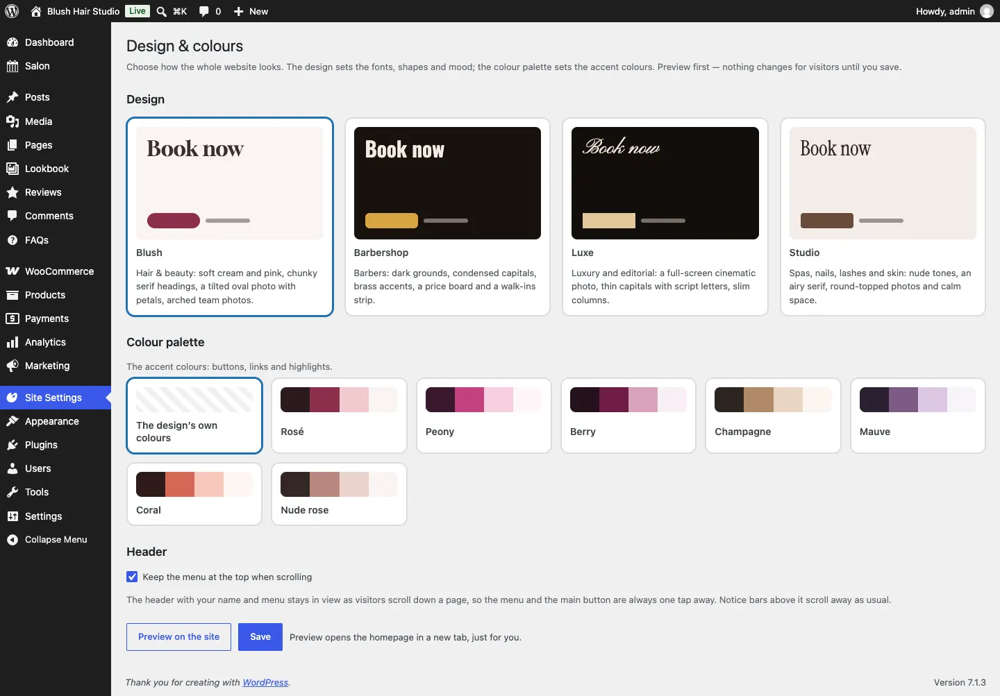 The Design & colours screen with a card for each of the Salon designs, the current one selected, a row of colour palettes starting with The design's own colours, the Header section with "Keep the menu at the top when scrolling" ticked, and Preview on the site and Save buttons