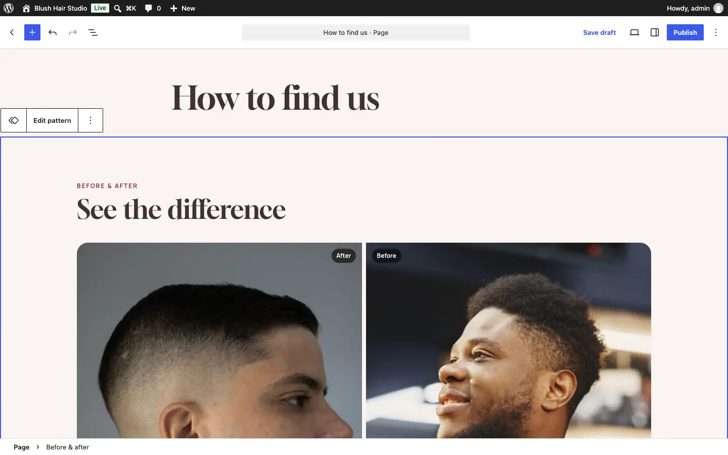 A page open in the editor with a paragraph selected: a small toolbar above it shows the paragraph, bold, italic and link buttons, and the address and contact details in the section fill themselves in from the settings