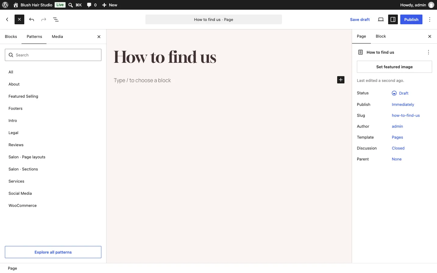 The Patterns tab listing All, Starter content, the Salon kit's own categories ending in Page layouts and Sections, Footers and Legal, with an Explore all patterns button