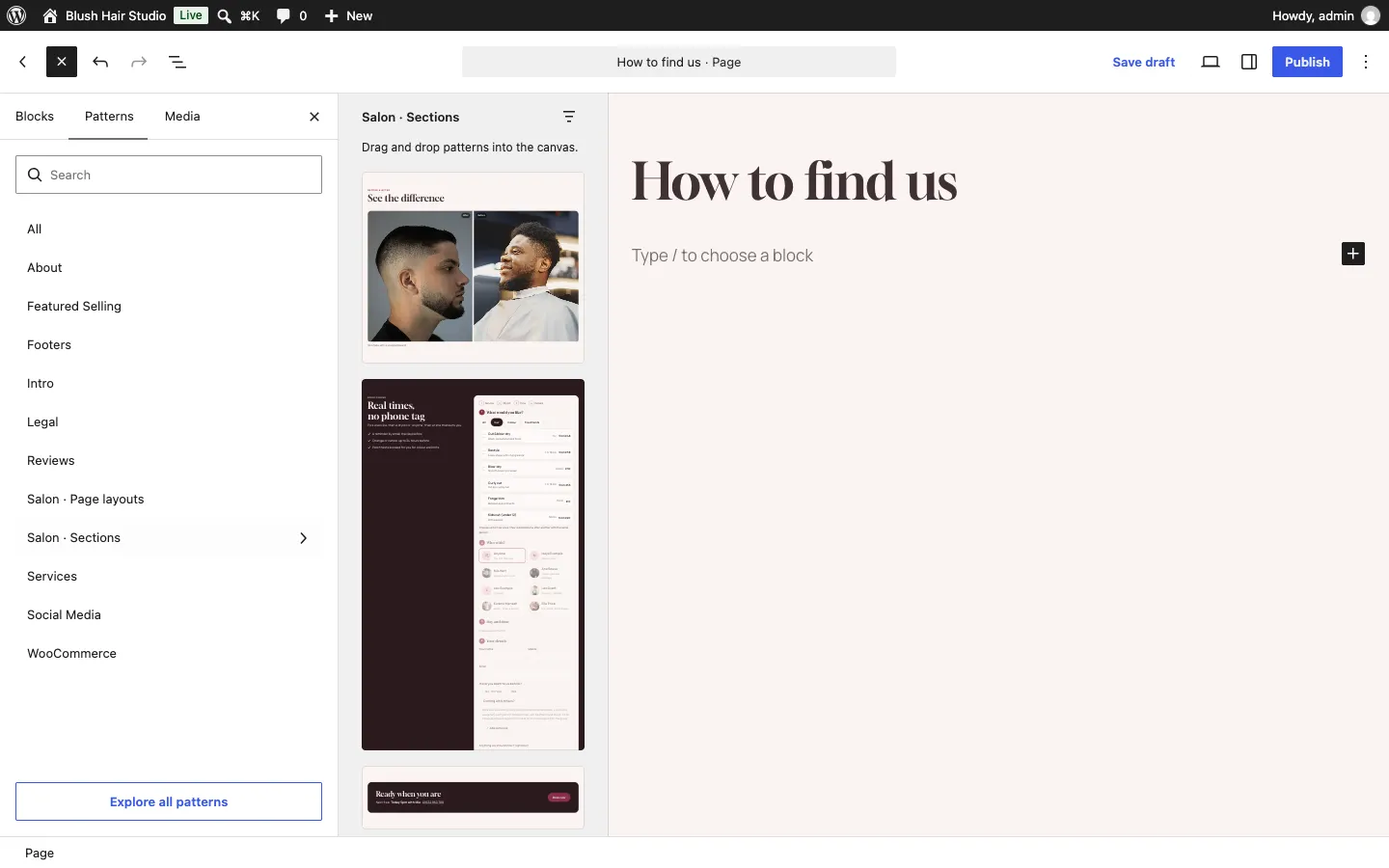 The previews of the Salon kit's Sections category on the left, with the page on the right