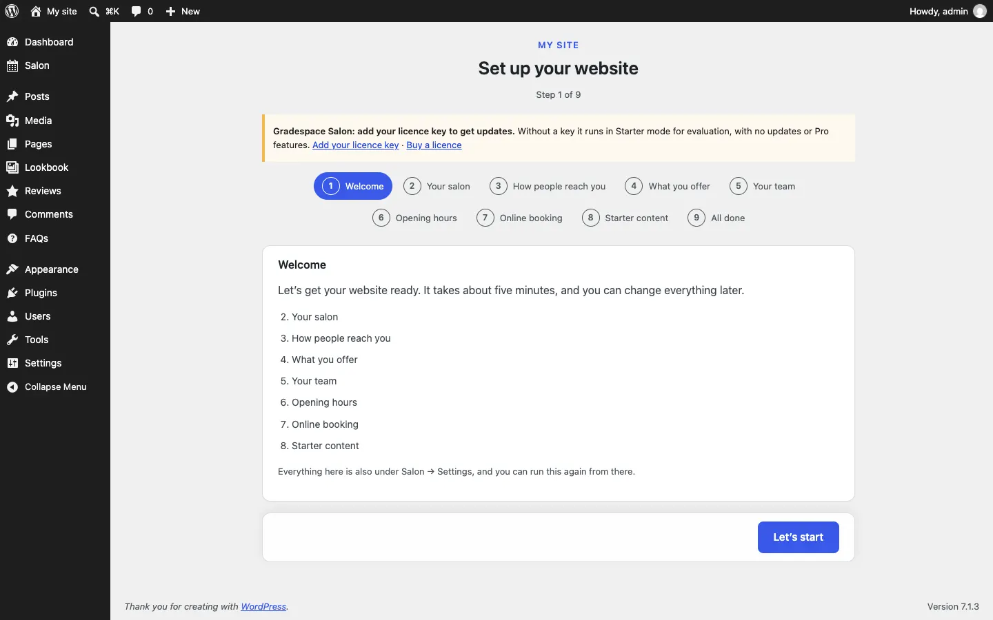 The setup wizard after the Gradespace Salon plugin is activated, now with the kit's own steps in the bar, and the yellow notice "Gradespace Salon: add your licence key to get updates" with links Add your licence key and Buy a licence