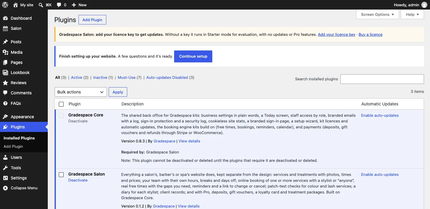 The Installed Plugins list showing Gradespace Salon, "Requires: Gradespace Core", and Gradespace Core, "Required by: Gradespace Salon", both active