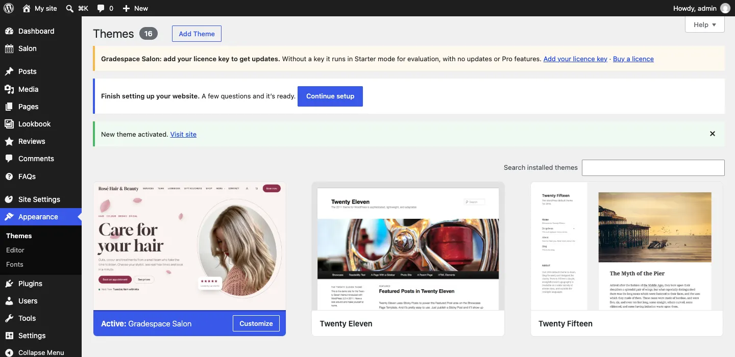 The Themes screen with "Active: Gradespace Salon", a notice "New theme activated", the blue "Finish setting up your website" notice with a Continue setup button, and the Site Settings menu on the left