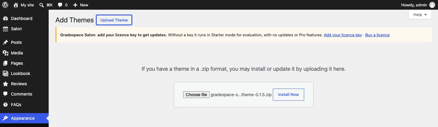 The Add Themes screen with the Upload Theme button pressed and the gradespace-salon-theme .zip file chosen, with an Install Now button