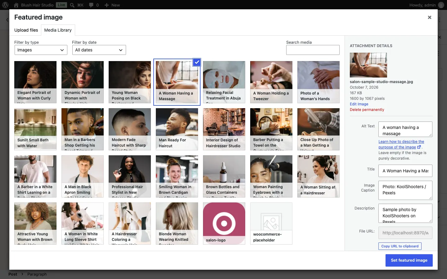 The Featured image box with the Media Library tab open, one of the sample photos selected, and the Attachment details panel on the right with its Alt Text, Title, Caption and Description boxes, and a Set featured image button