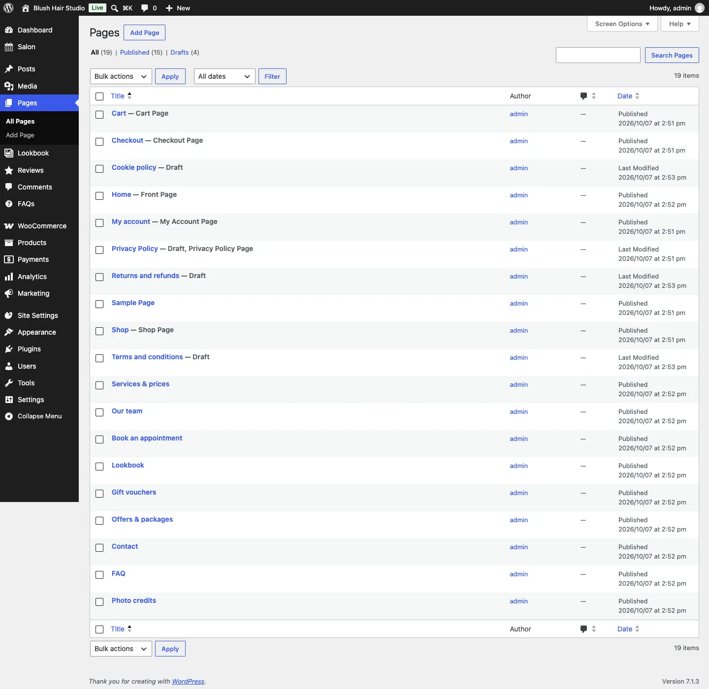The Pages list after the setup wizard, with Home marked Front Page, the published starter pages, and the legal pages Cookie policy, Privacy Policy and Terms and conditions marked Draft