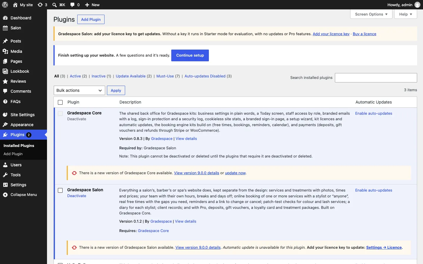 The Plugins screen without a licence key: under Gradespace Salon, "There is a new version of Gradespace Salon available. View version details. Automatic update is unavailable for this plugin. Add your licence key to update: Settings → Licence.", while Gradespace Core offers "update now"