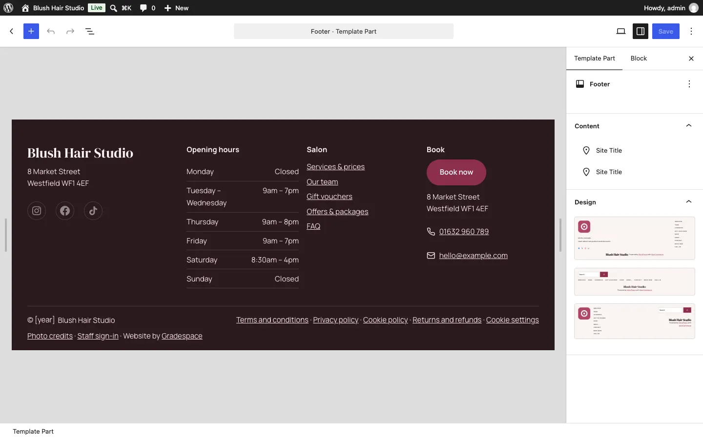 The Footer template part open in the editor, showing the logo, tagline, columns of links, the Visit us and Contact columns and the bottom line, with a Save button at the top right