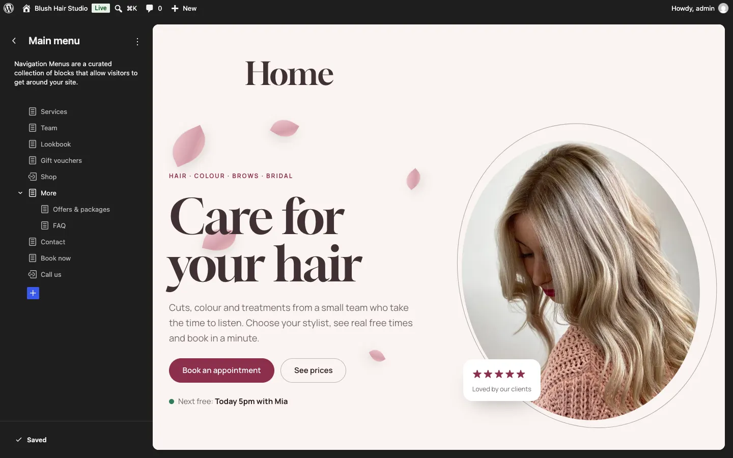 Navigation in the Site Editor: with only one menu, it opens the Main menu straight away, listing Services, Team, Lookbook, Gift vouchers, Shop, More, Offers & packages, FAQ, Contact, Book now and Call us, with the home page on the right