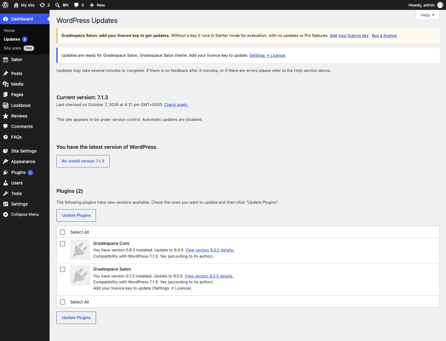 The Updates screen without a licence key, with the yellow notice "Gradespace Salon: add your licence key to get updates.", the notice "Updates are ready for Gradespace Salon, Gradespace Salon theme. Add your licence key to update: Settings → Licence." and "Add your licence key to update (Settings → Licence)." under Gradespace Salon