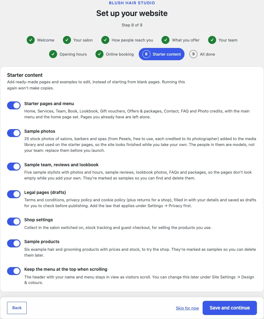 Step 8 of 9, Starter content, with switches for Starter pages and menu, Sample photos, Sample team, reviews and lookbook, Legal pages (drafts), Shop settings, Sample products and Keep the menu at the top when scrolling