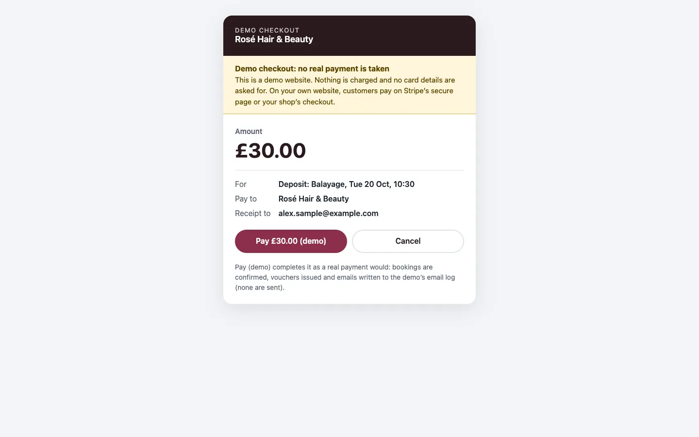 The demo checkout page: a deposit of £30.00 for Balayage on Tue 20 Oct at 10:30, paid to Rosé Hair & Beauty, with Pay £30.00 (demo) and Cancel buttons