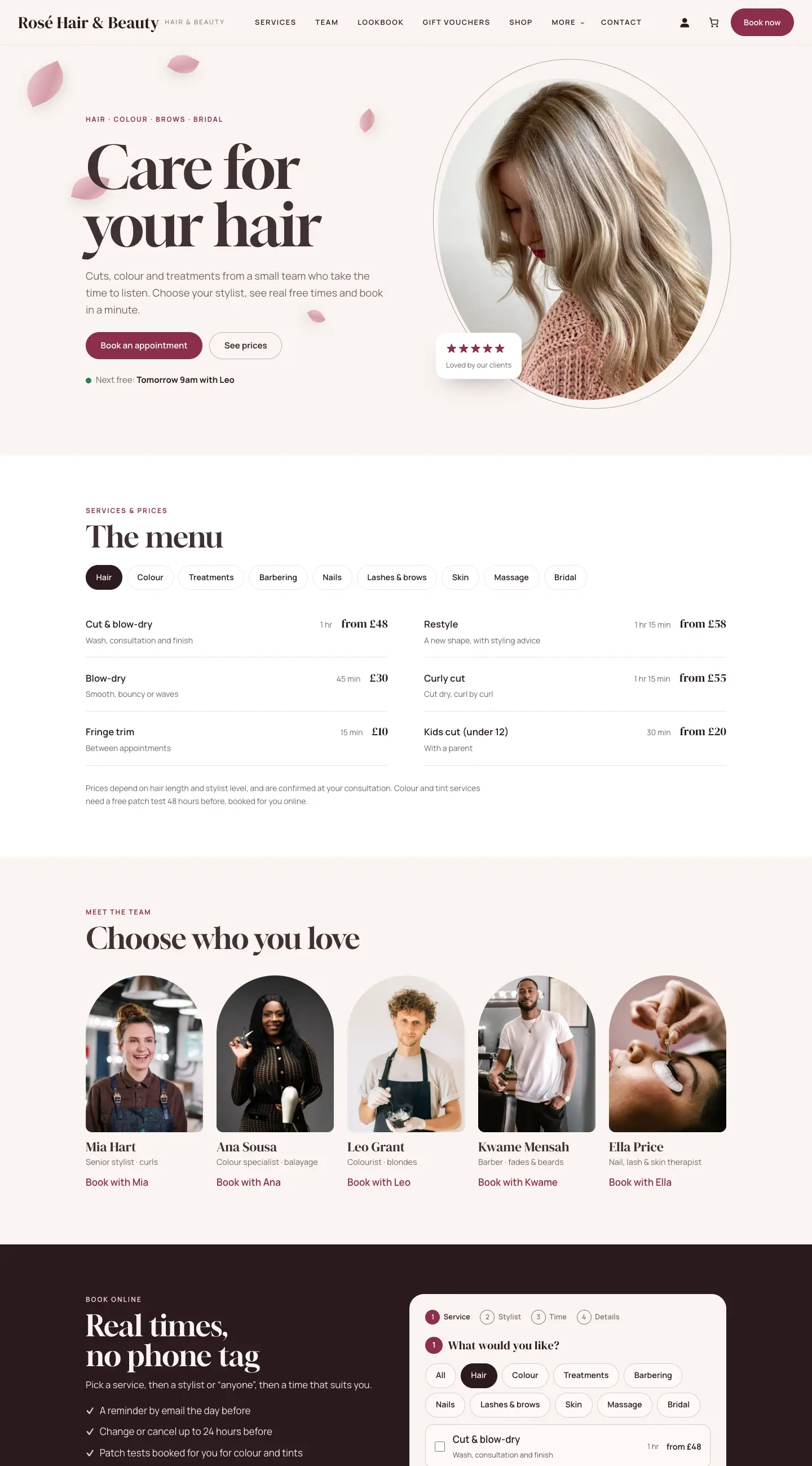 The Rosé Hair and Beauty demo website in the Blush design, with the heading Care for your hair, the price list, the team and the booking form