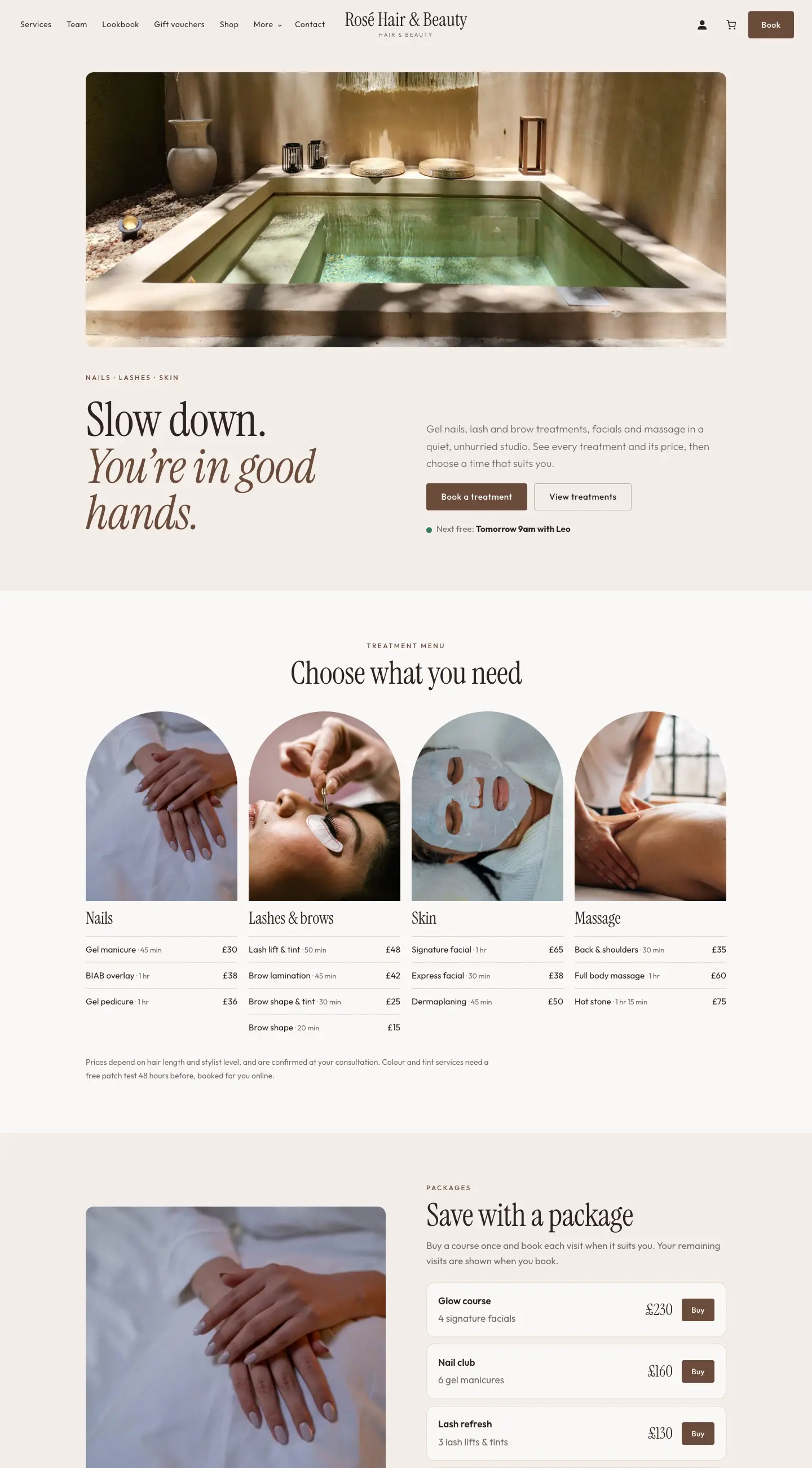 The Studio design's home page: a wide photo of a calm plunge pool, the heading Slow down. You're in good hands., the treatment menu with round-topped photos for Nails, Lashes and brows, Skin and Massage, and Save with a package