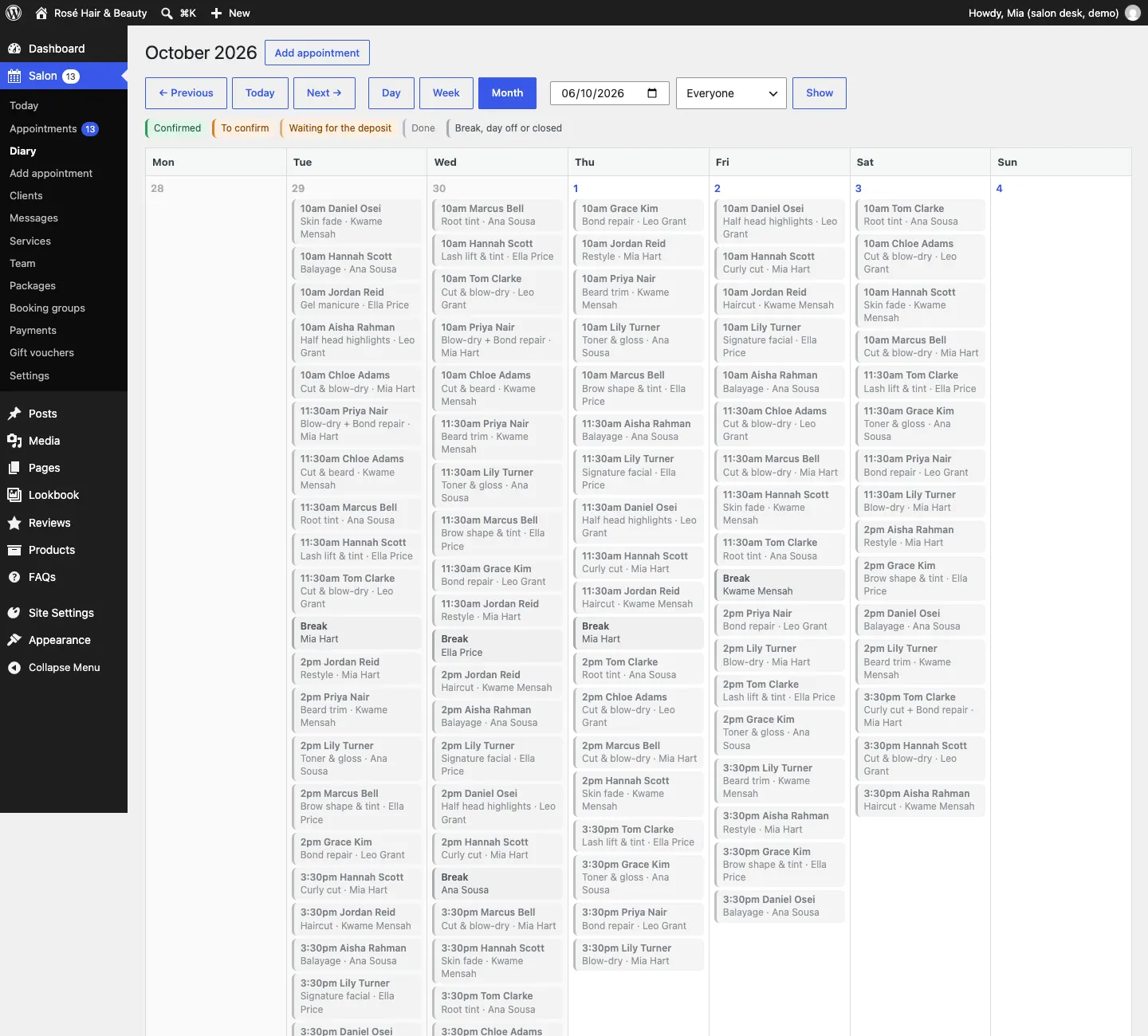 The diary in month view, a calendar of October 2026 with the appointments on each day