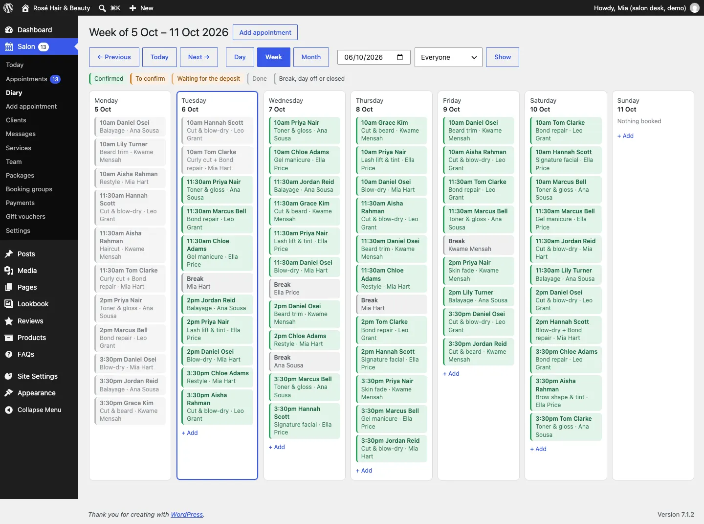 The diary in week view, with each day of the week and the appointments for everyone listed under each day