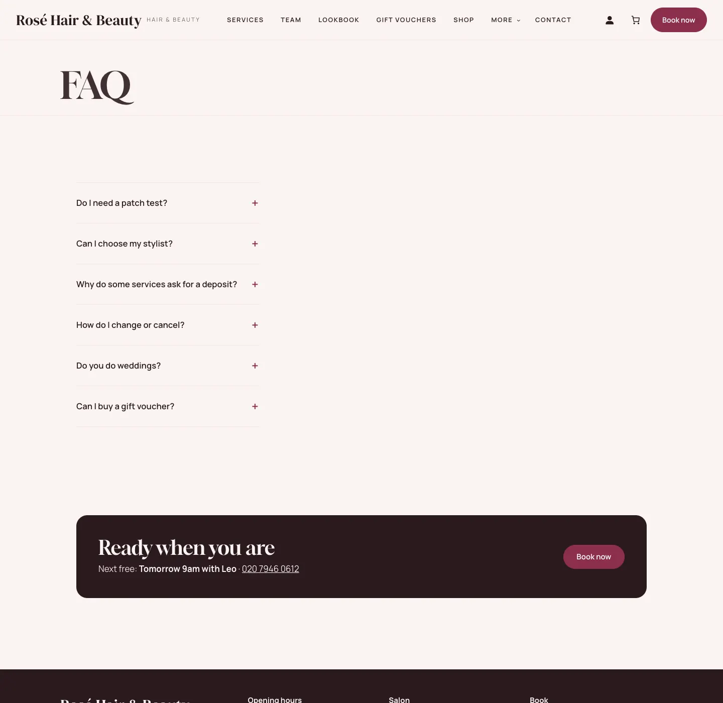 The FAQ page on the website, with questions and answers that open when clicked