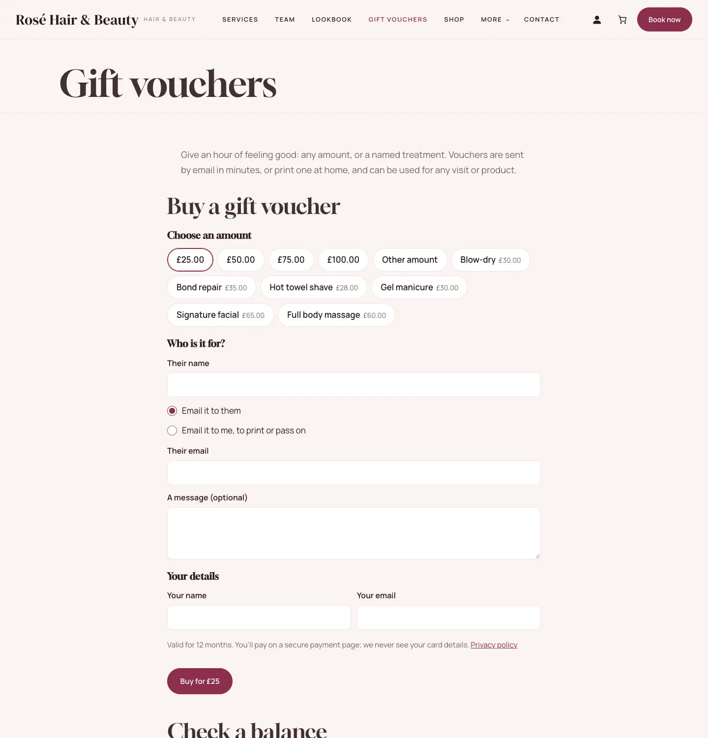 The Gift vouchers page: amounts of £25 to £100 or another amount, named treatments such as Blow-dry £30 and Signature facial £65, who it's for, the buyer's details, a Buy for £25 button, and Check a balance below