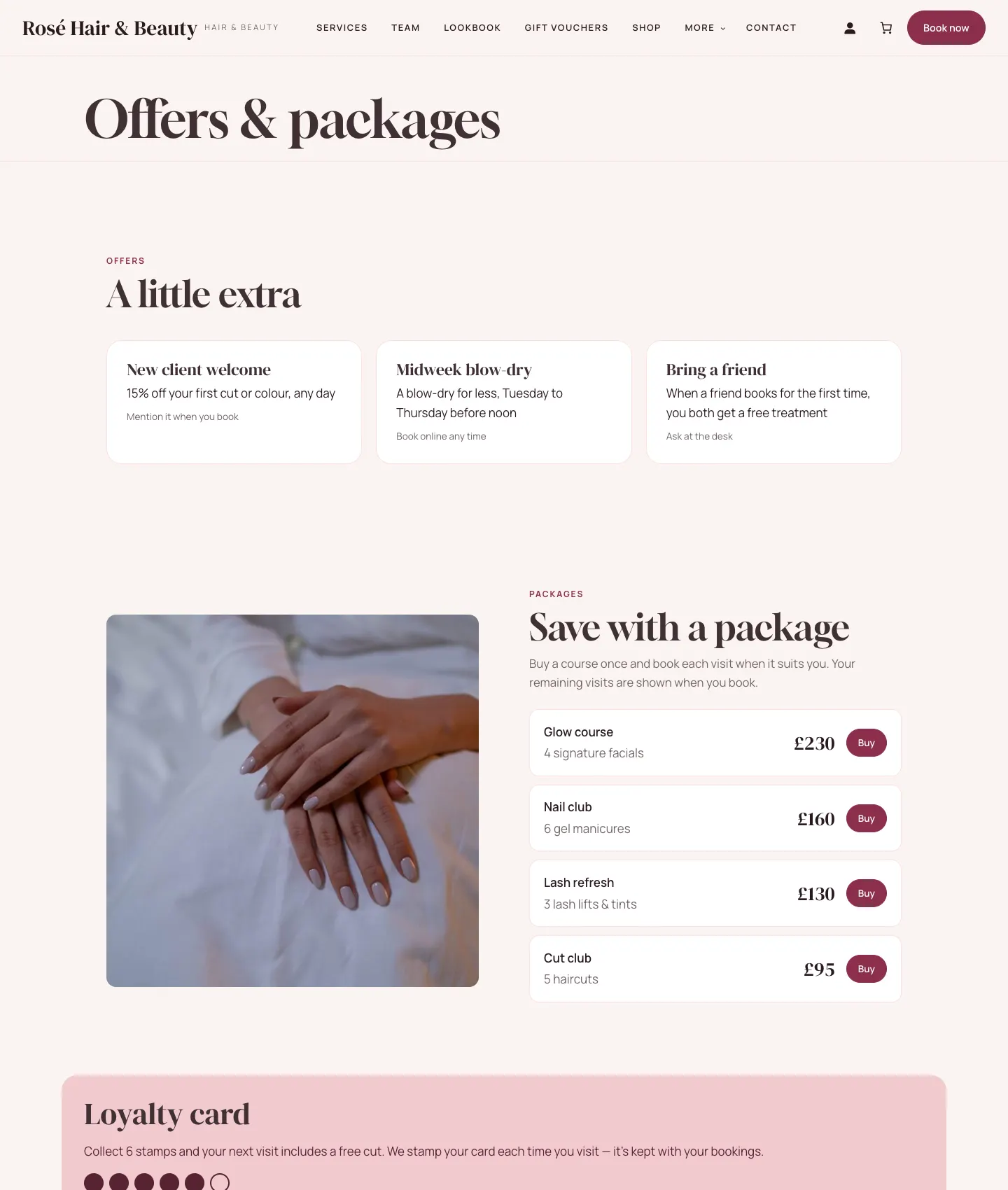 The Offers and packages page, with three offer cards, the packages Glow course 4 signature facials £230, Nail club 6 gel manicures £160, Lash refresh 3 lash lifts and tints £130 and Cut club 5 haircuts £95, each with a Buy button, and the loyalty card below