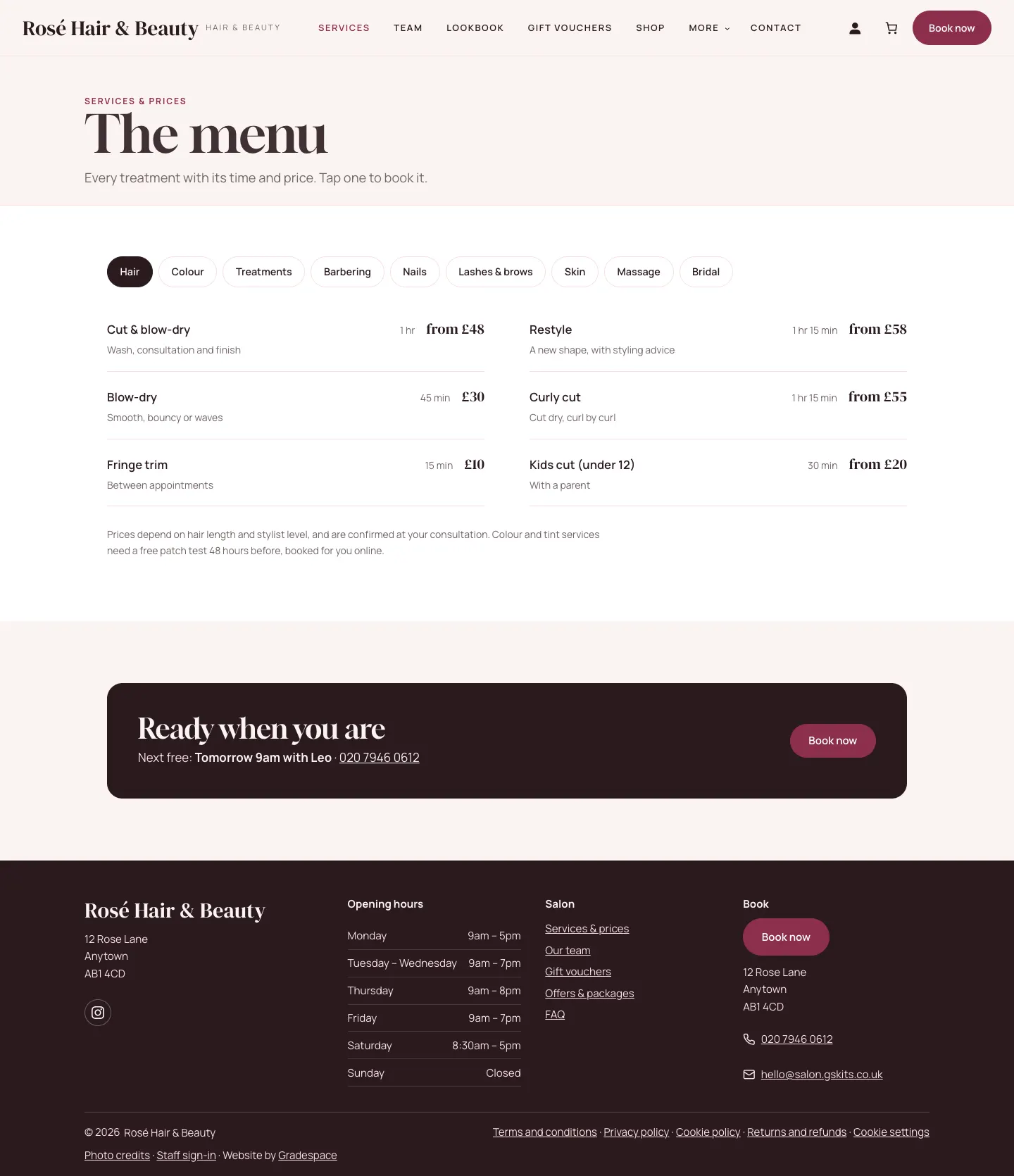 The public Services page with tabs for each category and a list of treatments with their times and prices