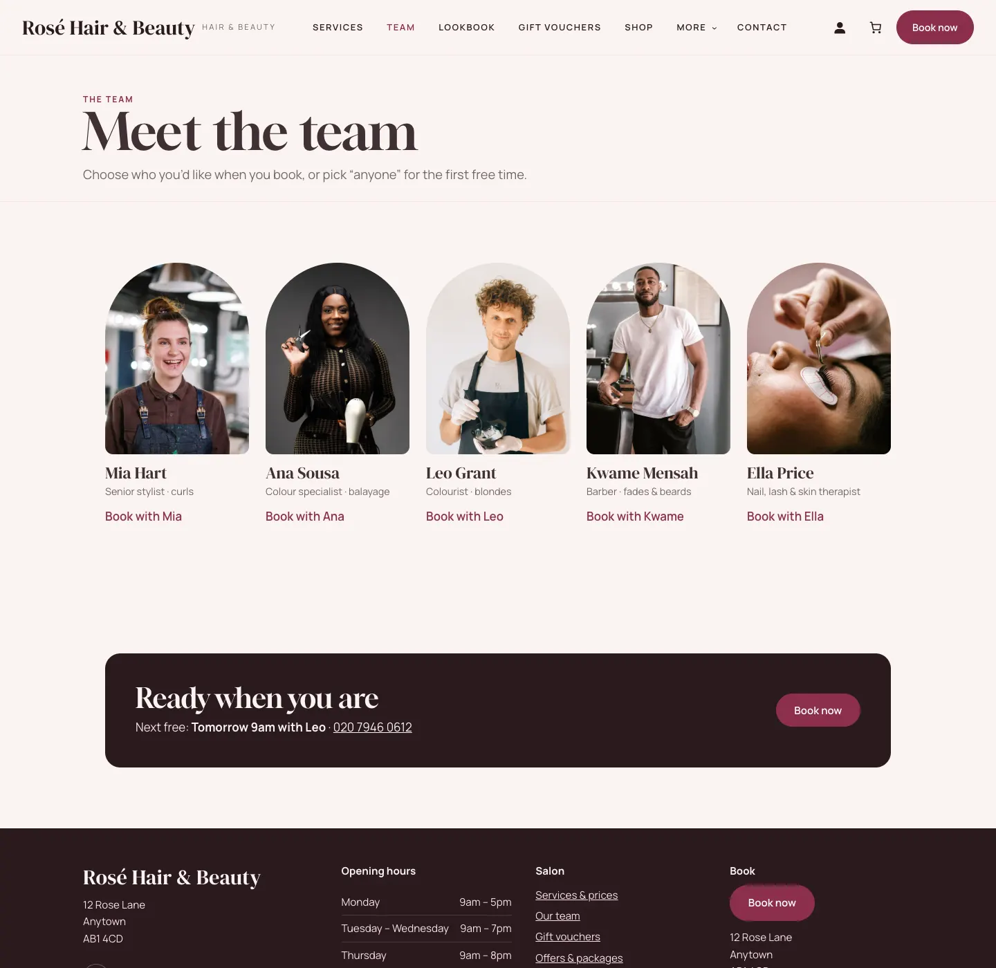 The public Team page, with a photo, name and role for each of the five team members and a Book with button under each