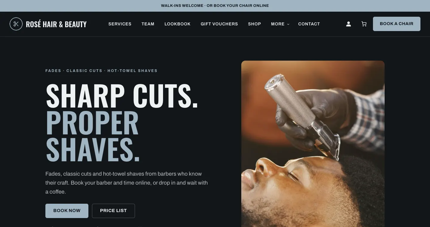 The top of the Barbershop home page in the Slate palette