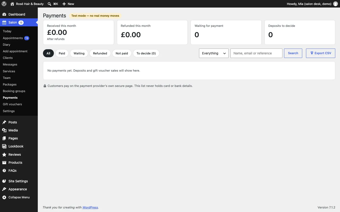 The Payments screen marked Test mode, no real money moves, with totals for received, refunded, waiting and deposits to decide, filters All, Paid, Waiting, Refunded, Not paid and To decide, a search box and Export CSV
