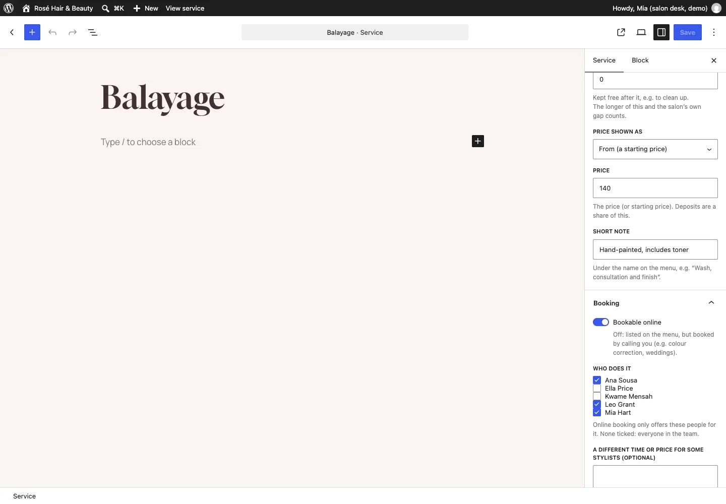 The service editor for Balayage, with the name at the top and the Time and price, Booking, Deposit and Service categories panels on the right