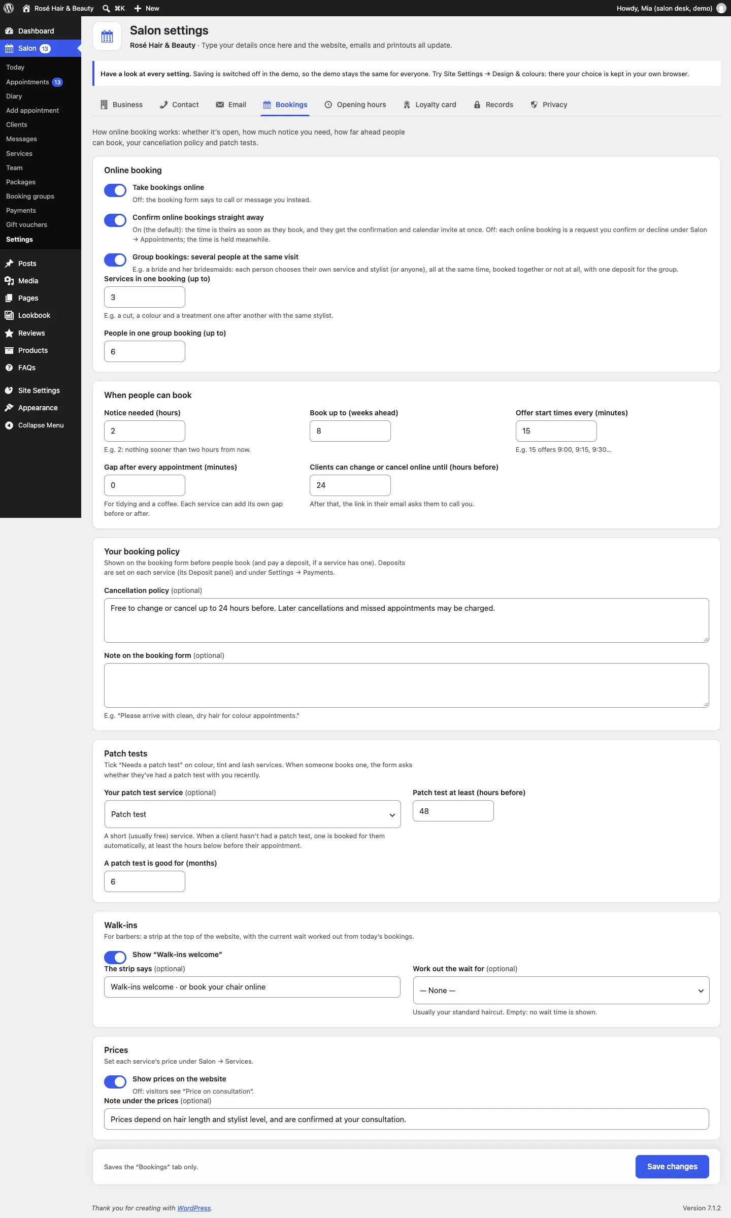 The Bookings tab: Online booking switches, Services in one booking and People in one group booking, When people can book, Your booking policy, Patch tests, Walk-ins and Prices