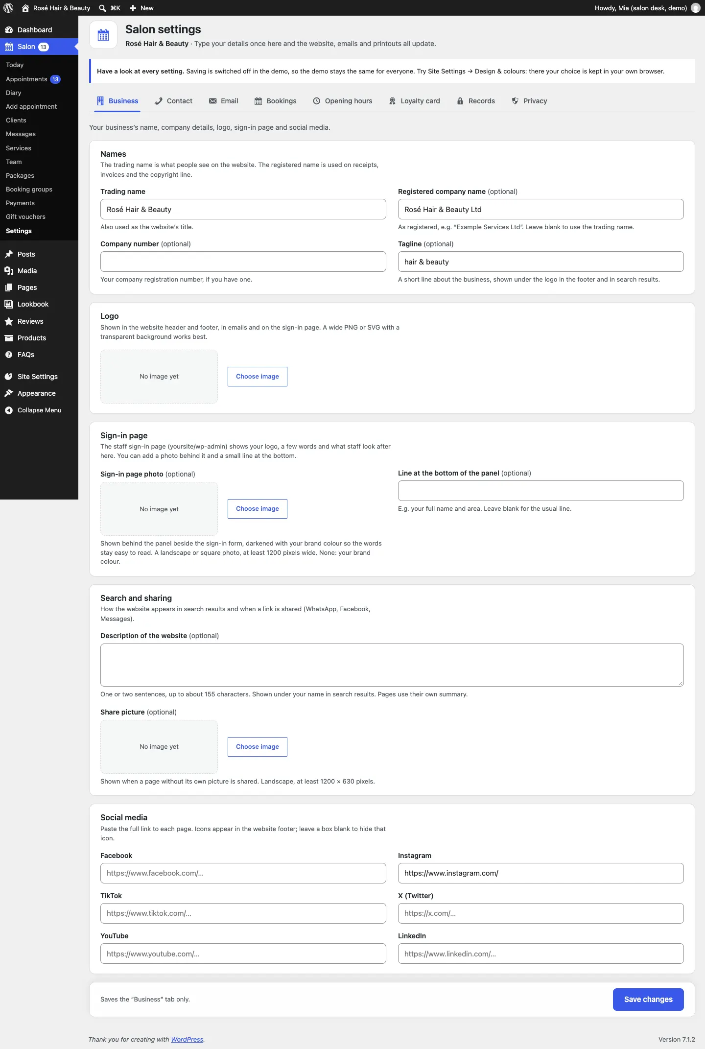 The Business tab with the trading name, registered company name, company number, tagline, logo, sign-in page photo, search and sharing, and social media links
