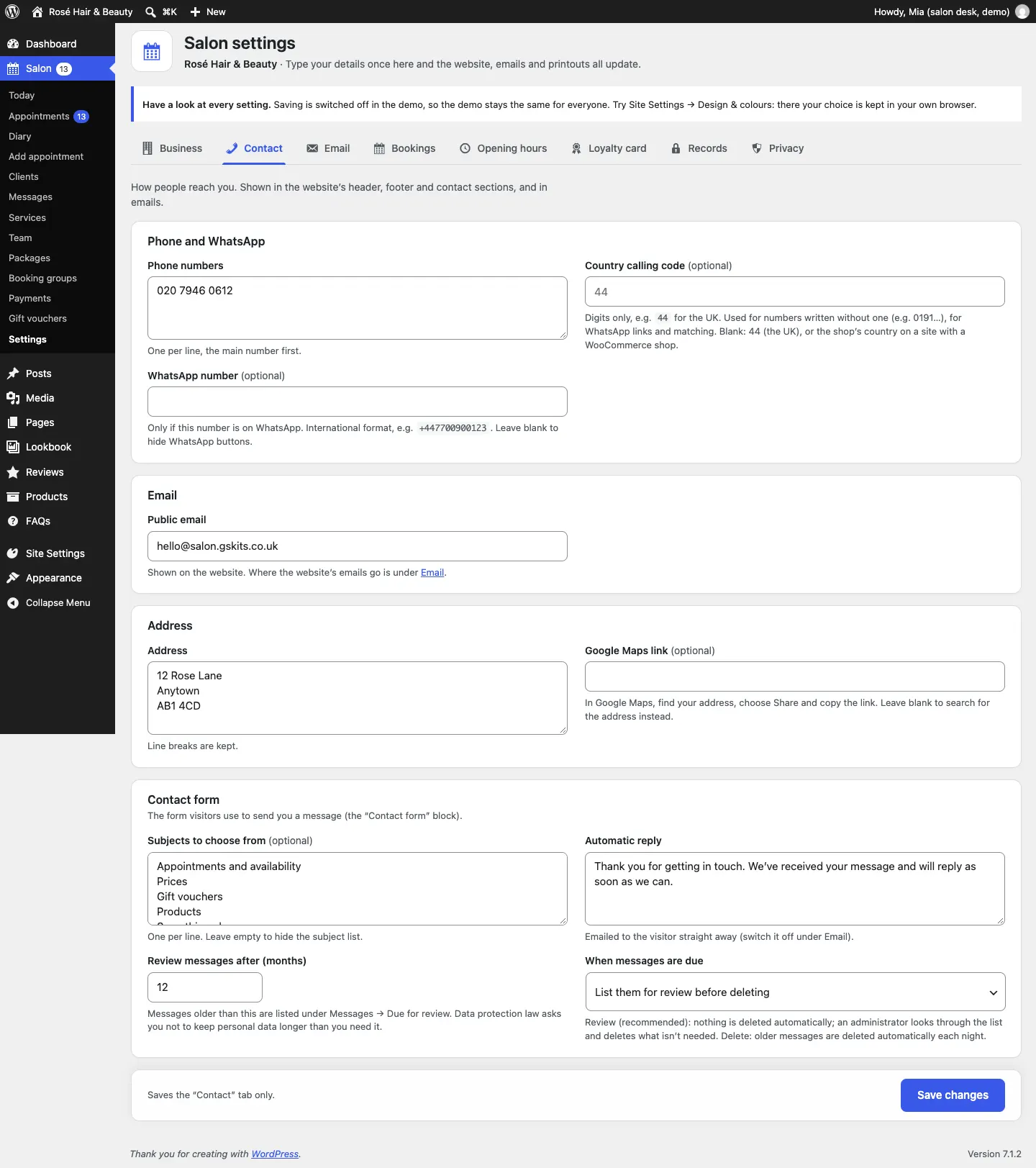 The Contact tab with phone numbers, WhatsApp number, public email, address, Google Maps link, and the contact form settings