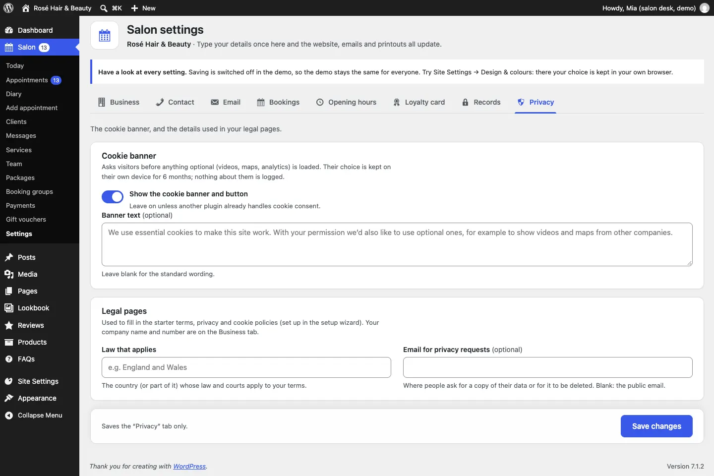 The Privacy tab with the cookie banner switch and text, and the legal pages settings: law that applies and email for privacy requests